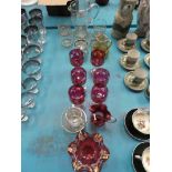 A mid century six piece glass Water Set and a mixed lot of cranberry and other coloured drinking
