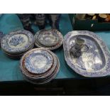 A Box of mixed blue and white including large meat plate