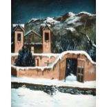 JERRY GEORGEFF (American b. 1948) A PAINTING, "Stars Twinkle above a Snow Capped Adobe Church,"
