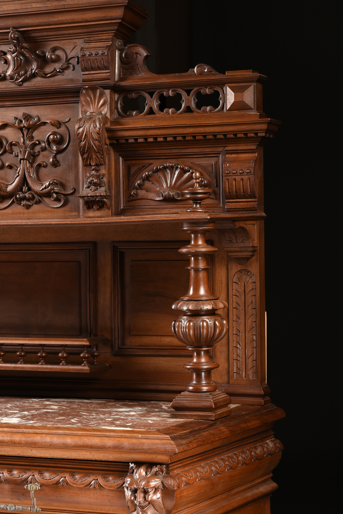 A RENAISSANCE REVIVAL MARBLE INSET WALNUT BUFFET Ã€ DEUX CORPS, FRENCH, SECOND HALF 19TH CENTURY, - Image 13 of 15