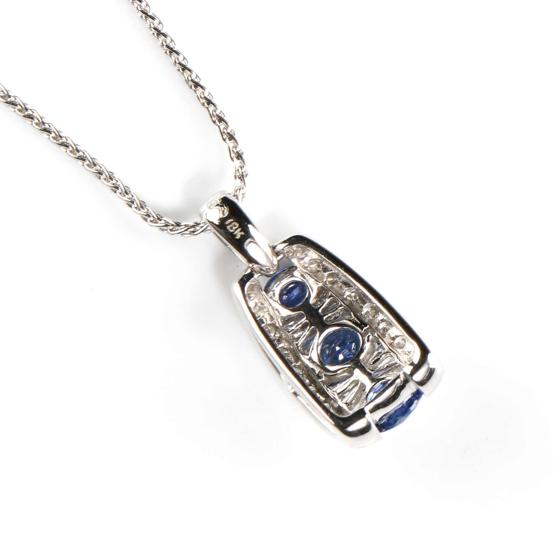 A DE HAGO STYLE 18K WHITE GOLD, DIAMOND, AND SAPPHIRE PENDANT WITH NECKLACE, 20TH CENTURY, a cascade - Image 2 of 2