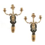 A PAIR OF EMPIRE STYLE PATINATED AND GILT BRONZE FOUR-LIGHT SCONCES, 19TH CENTURY, each with a