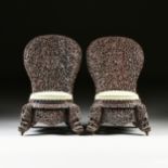 A PAIR OF ANGLO INDIAN "BOMBAY BLACKWOOD" FILIGREE SLIPPER CHAIRS, 1850-1890, the pierced rosewood