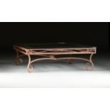 A MODERN NEOCLASSICAL STYLE WROUGHT IRON AND GLASS PATIO COFFEE TABLE, LATE 20TH CENTURY, the