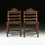A PAIR OF SPANISH COLONIAL STYLE LEATHER UPHOLSTERED AND STAINED WOOD SIDE CHAIRS, LATE 20TH