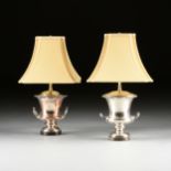 A MATCHED PAIR OF GEORGE III STYLE SILVER PLATED WINE COOLER LAMPS, 20TH CENTURY, each of Medici