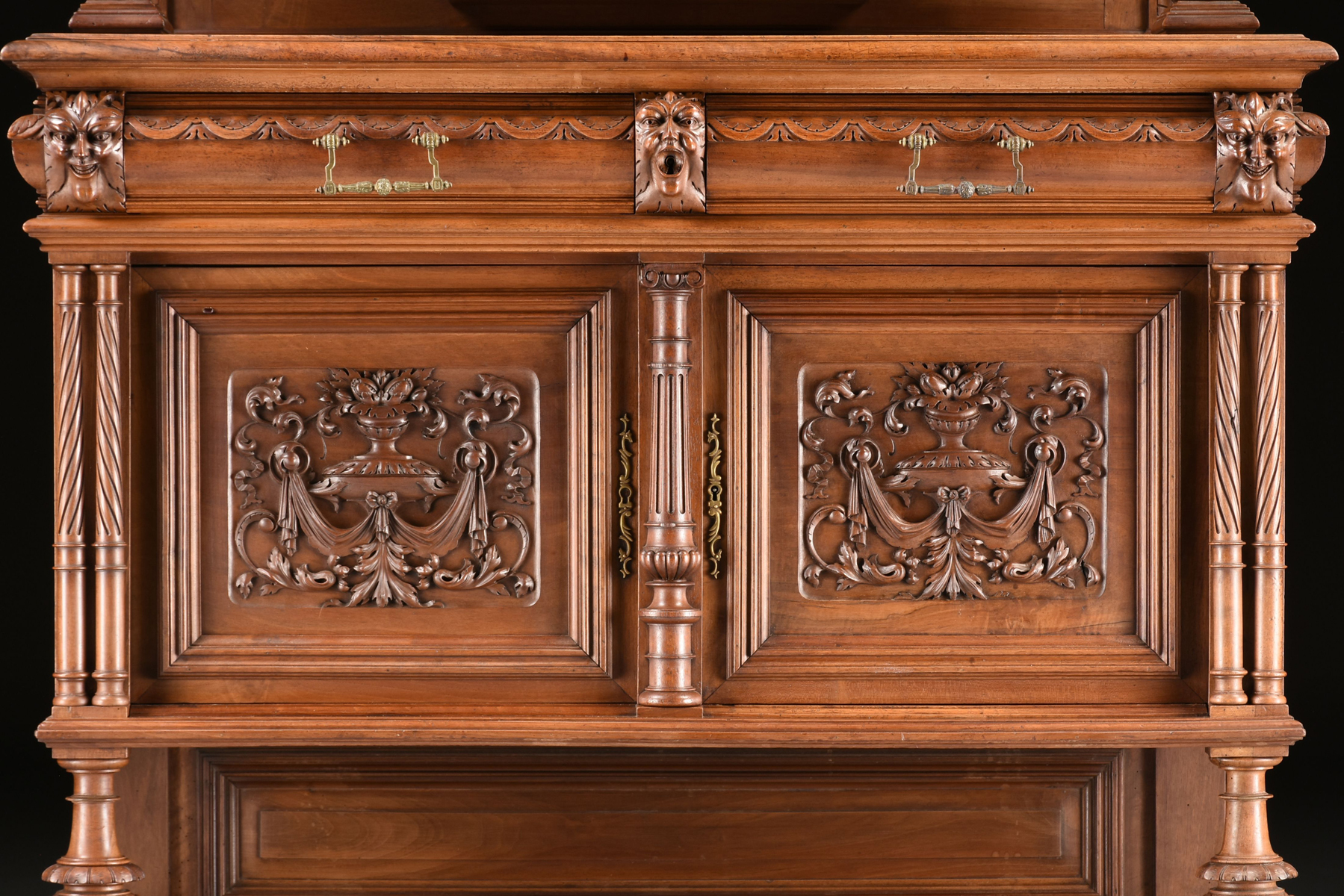 A RENAISSANCE REVIVAL MARBLE INSET WALNUT BUFFET Ã€ DEUX CORPS, FRENCH, SECOND HALF 19TH CENTURY, - Image 3 of 15