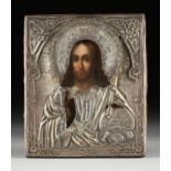 A RUSSIAN TEMPERA PAINTED ICON OF CHRIST PANTOCRATOR WITH SILVER OKLAD, STAMPED,1874, of traditional