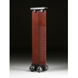 A POSTMODERN CURLY MAHOGANY AND EBONIZED WOOD FIVE CANDLE TORCHÈRE, LATE 20TH CENTURY, with a