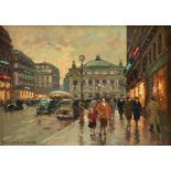 ÉDOUARD CORTÈS (French 1882-1969) A PAINTING, "Palais Garnier and Automobiles at Sunset," oil on