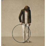 A BELGIAN SURREALIST STYLE PAINTING, "Acrobat with Hoop," 20TH CENTURY, oil on masonite, signed