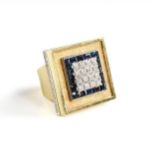 A LADY'S MODERN DIAMOND, SAPPHIRE, AND 18K YELLOW GOLD RING, of square form and centering a pavÃ©