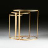 A CONTEMPORARY THREE PIECE SET OF MIRROR TOPPED GILT METAL NESTING TABLES, of graduated sizes and