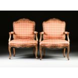 A PAIR OF LOUIS XV STYLE PLAID SILK UPHOLSTERED AND CARVED WOOD FAUTEUILS Ã€ LA REINE, MODERN,