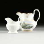 A PHILADELPHIA TUCKER PORCELAIN LANDSCAPE WATER PITCHER AND A NEOCLASSICAL GRAVY/CREAM BOAT ON FOOT,