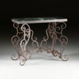 A FRENCH STYLE MARBLE TOPPED PATINATED WROUGHT IRON PASTRY TABLE, MODERN, with a chamfered