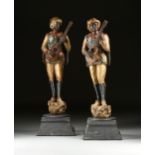 A PAIR OF NORTH ITALIAN STYLE RENAISSANCE REVIVAL PARCEL GILT PAINTED WOOD FIGURES OF MUSICIANS,