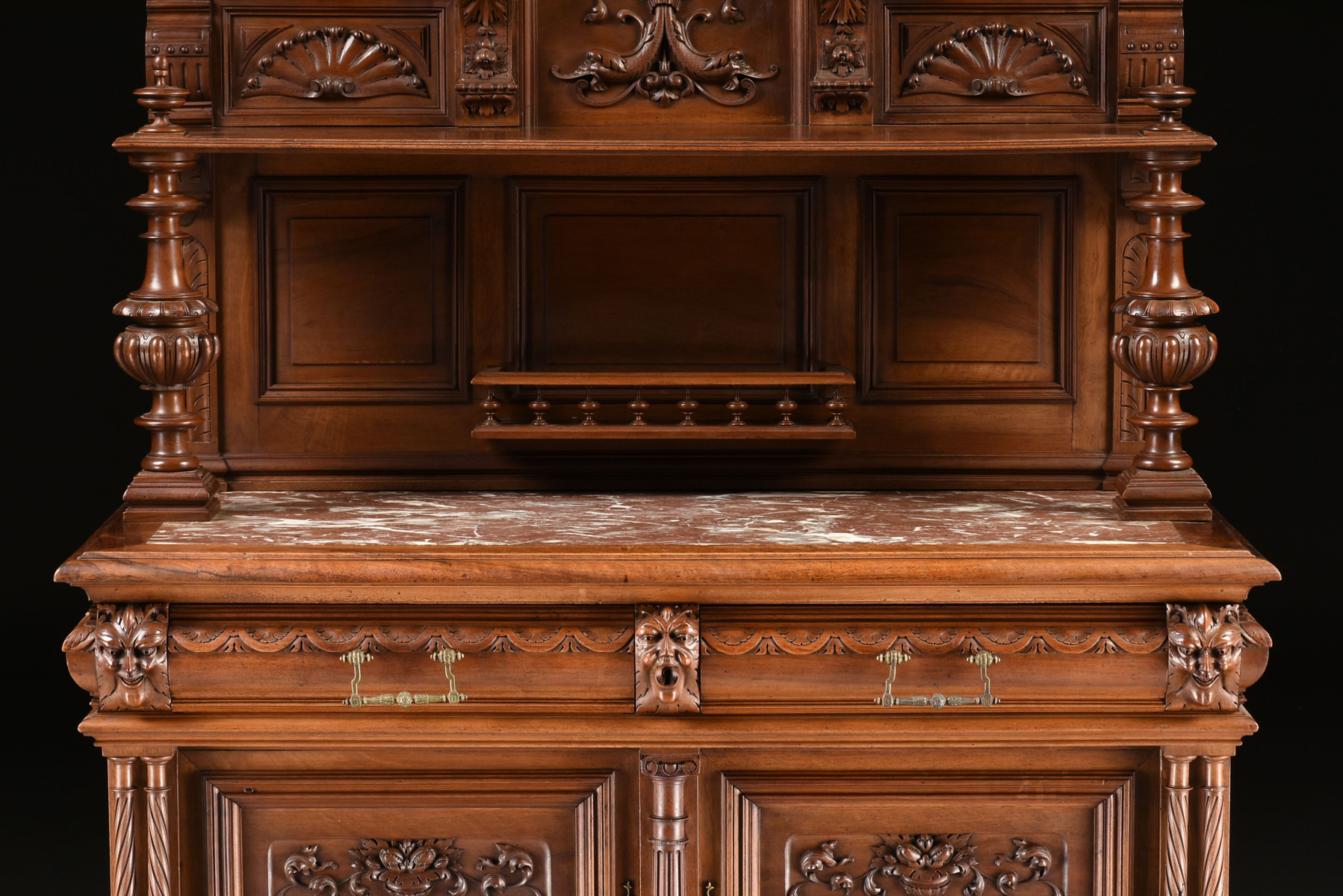 A RENAISSANCE REVIVAL MARBLE INSET WALNUT BUFFET Ã€ DEUX CORPS, FRENCH, SECOND HALF 19TH CENTURY, - Image 7 of 15