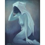 MEXICAN SCHOOL, A PAINTING, "Blue Nude," 20TH CENTURY, oil on canvas, signed L/L, "Jordana," verso