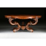 A ROCOCO REVIVAL STYLE BURLED WALNUT CENTER TABLE, LATE 20TH CENTURY, the burled walnut turtleback