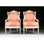 A PAIR OF LOUIS XVI STYLE WHITE PAINTED WOOD AND UPHOLSTERED FAUTEUILS, each with a pierced bow