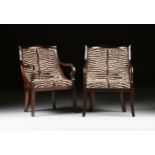 A PAIR OF FRENCH RESTORATION STYLE FAUX ZEBRA MICROFIBER UPHOLSTERED FAUTEUILS, MODERN, in a