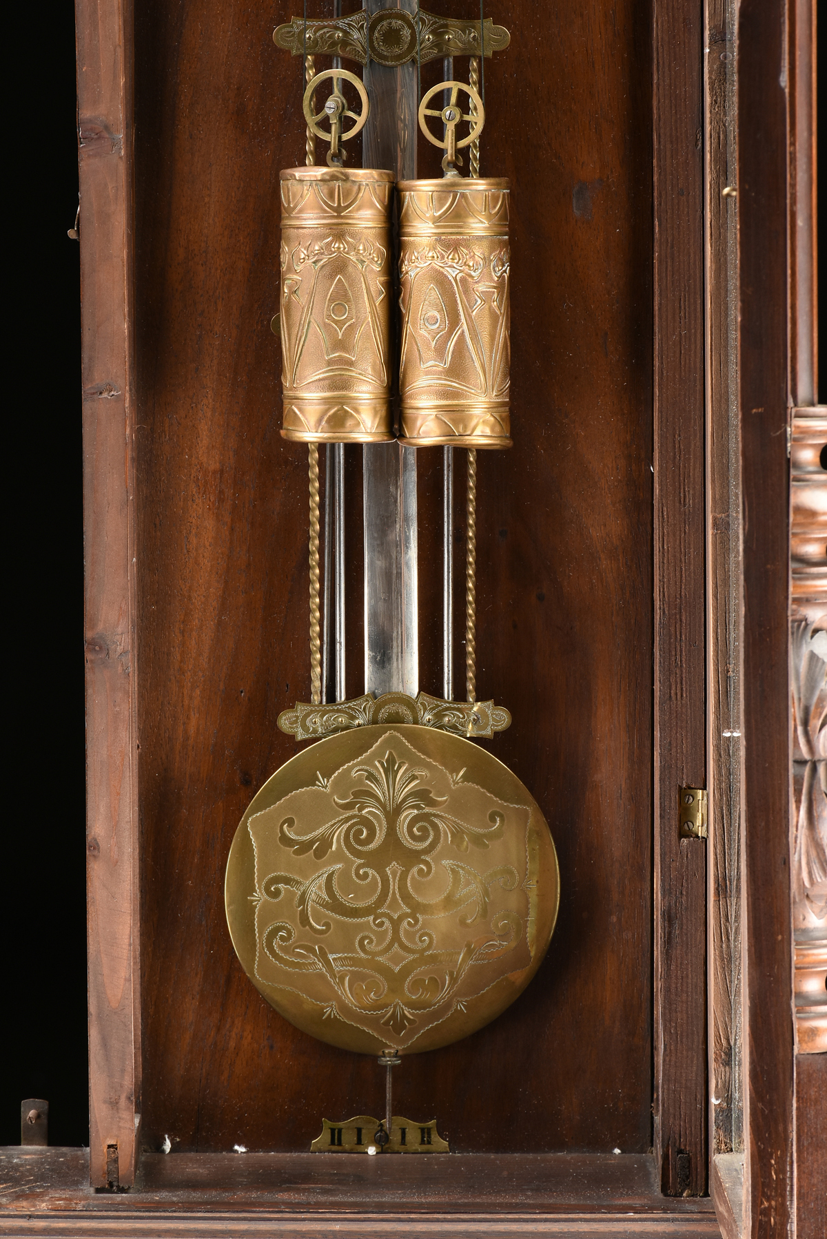 AN ANTIQUE BRONZE MOUNTED WALNUT REGULATOR WALL CLOCK, POSSIBLY AUSTRIAN, CIRCA 1890, the arched - Image 3 of 3