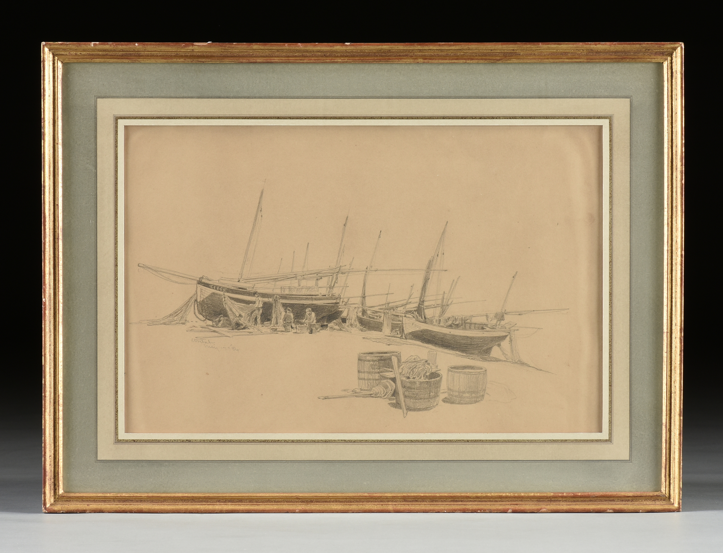 JAMES DAVID SMILLIE (American 1833-1909) A DRAWING, "Study of Boats," ÉTRETAT, JULY 17, 1884, - Image 2 of 9