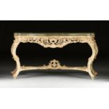 A LOUIS XV STYLE MARBLE TOPPED AND PAINTED WOOD CONSOLE TABLE, 20TH CENTURY, the serpentine