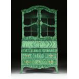 A GERMAN ROCOCO STYLE FAUX MALACHITE PAINTED SECRETARY BOOKCASE, 20TH CENTURY, the realistically