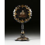 A VICTORIAN PARCEL GILT AND ABALONE INLAID BLACK PAPIER MACHÉ TILT-TOP TABLE, THIRD QUARTER 19TH