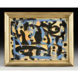 DICK WRAY (American 1933-2011) A PAINTING, "Abstract in Blue and Black on a Yellow Ground," CIRCA