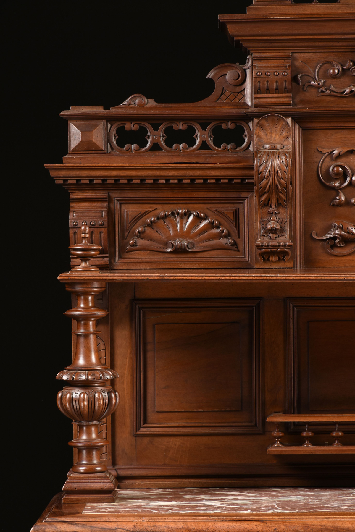 A RENAISSANCE REVIVAL MARBLE INSET WALNUT BUFFET Ã€ DEUX CORPS, FRENCH, SECOND HALF 19TH CENTURY, - Image 6 of 15