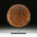 A LARGE CONTEMPORARY ART GLASS BOWL ON STAND, SIGNED, of shallow circular form with bronze and