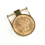AN 1898 AMERICAN LIBERTY DOUBLE EAGLE $20 YELLOW GOLD COIN MONEY CLIP, Type 3 coin, "S," minted in
