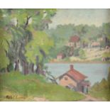 FERN ISABEL KUNS COPPEDGE (American 1883-1951) A PAINTING, "Summertime River and Cottages," oil on