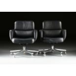 A PAIR OF MODERN "PALLADIUM" BLACK LEATHER SOFT PAD SWIVEL CHAIRS, BY THE BARRIT FURNITURE CORP.,