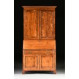 A GEORGE III STYLE YEW WOOD SLANT FRONT SECRETARY BOOKCASE CABINET, 19TH CENTURY, with a rectangular