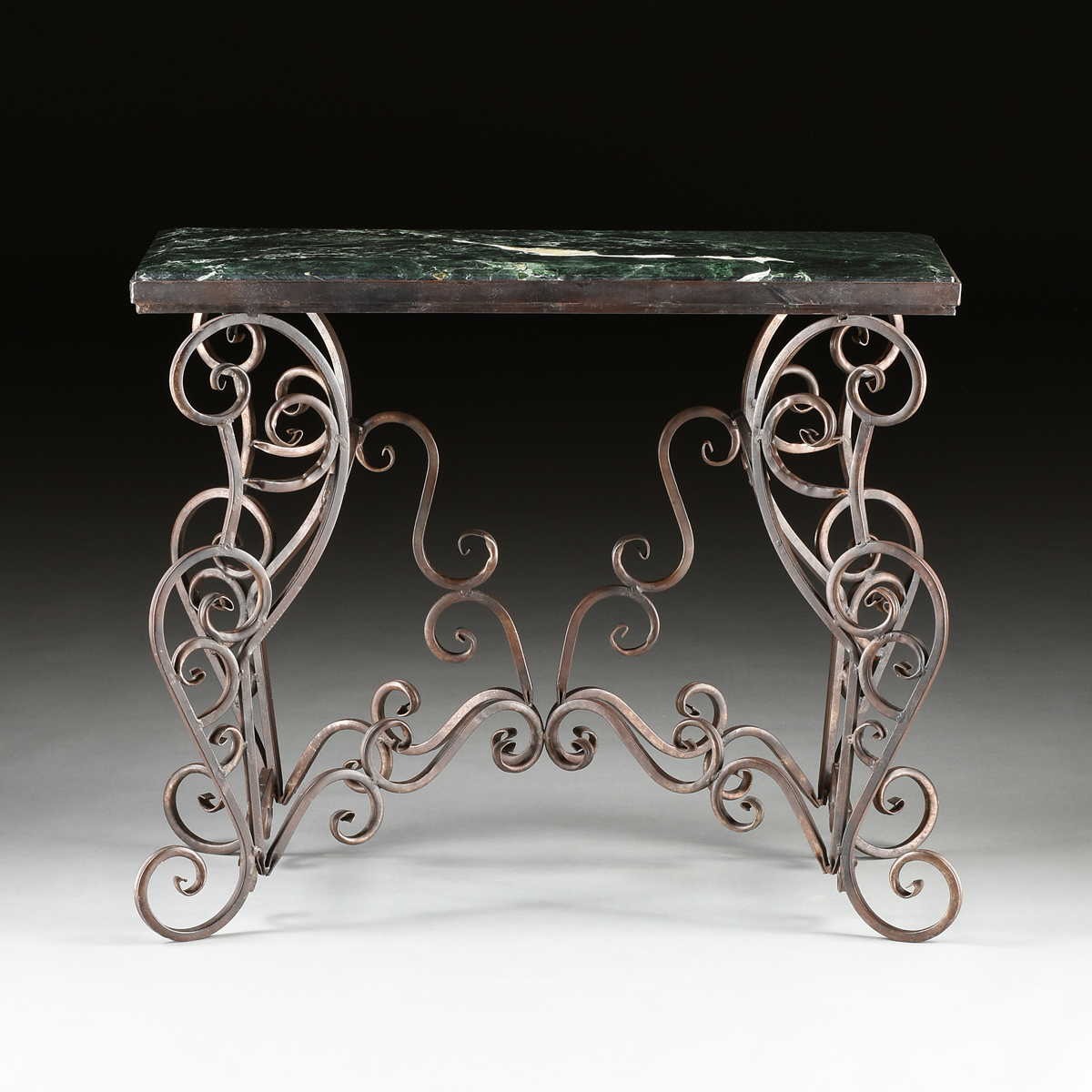 A FRENCH STYLE MARBLE TOPPED PATINATED WROUGHT IRON PASTRY TABLE, MODERN, with a chamfered - Image 2 of 9