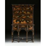 A WILLIAM AND MARY GILT AND BLACK JAPANNED CHEST ON STAND, EARLY 18TH CENTURY, the rectangular