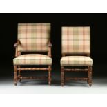 A SET OF SIX BAROQUE STYLE PLAID UPHOLSTERED AND CARVED WALNUT DINING CHAIRS, MODERN, each with a