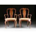 A SET OF FOUR QUEEN ANNE STYLE CARVED WALNUT DINING ARMCHAIRS, 20TH CENTURY, each with a scrolling