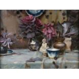 AMERICAN SCHOOL, A PAINTING, "Still Life with Figurine, Purple Cabbage Filled Silver Pitcher, and