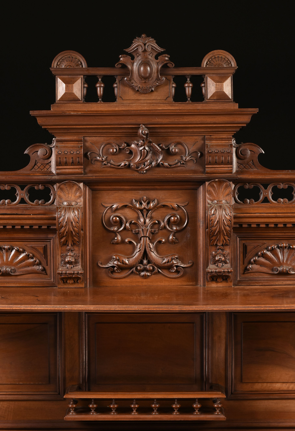 A RENAISSANCE REVIVAL MARBLE INSET WALNUT BUFFET Ã€ DEUX CORPS, FRENCH, SECOND HALF 19TH CENTURY, - Image 10 of 15