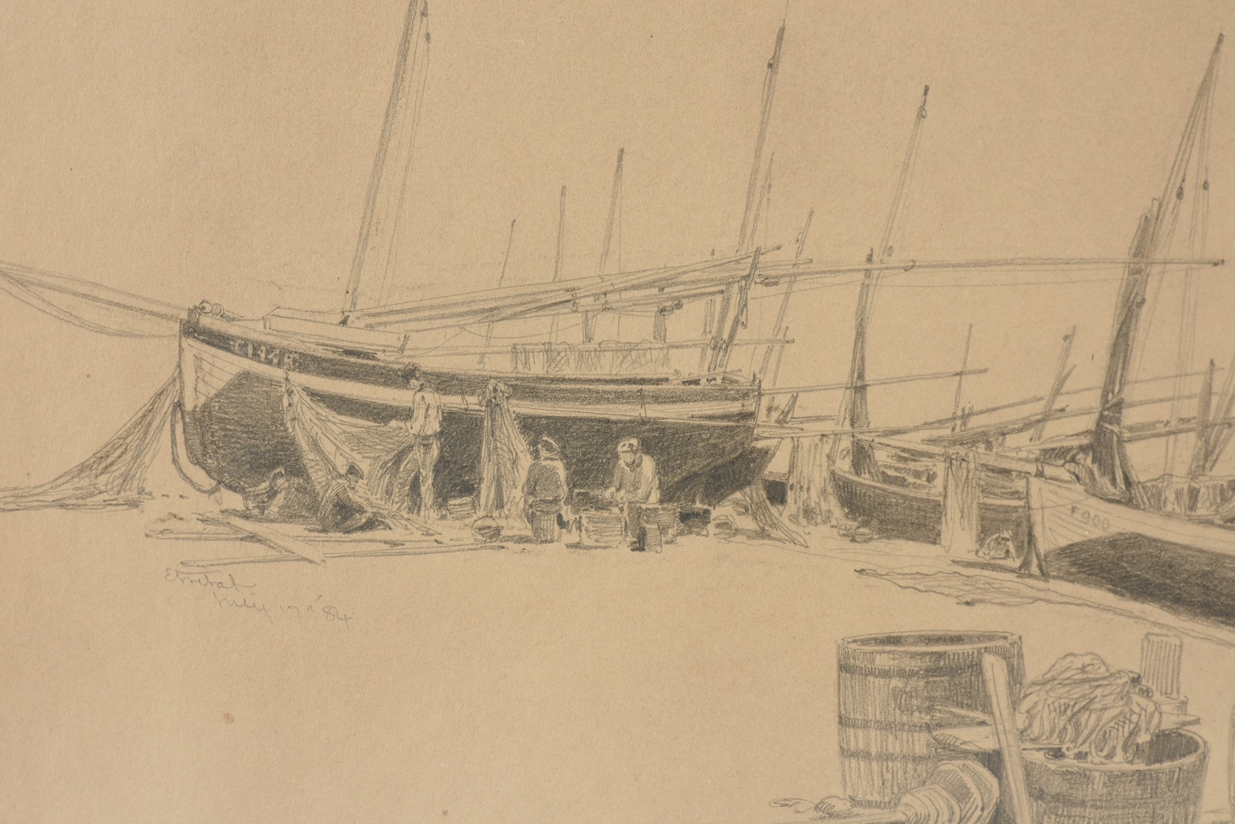 JAMES DAVID SMILLIE (American 1833-1909) A DRAWING, "Study of Boats," ÉTRETAT, JULY 17, 1884, - Image 4 of 9