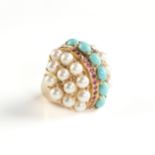 A LADY'S CUSTOM PEARL, PERSIAN TURQUOISE, RUBY, AND 18K YELLOW GOLD RING, of domed elliptical form