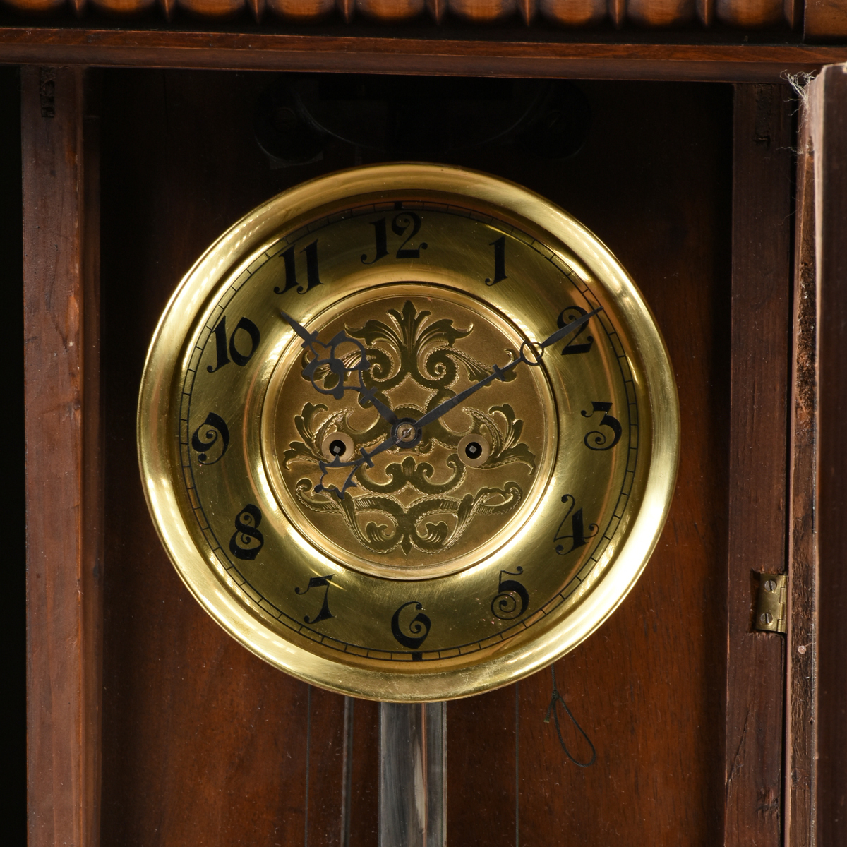 AN ANTIQUE BRONZE MOUNTED WALNUT REGULATOR WALL CLOCK, POSSIBLY AUSTRIAN, CIRCA 1890, the arched - Image 2 of 3