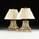 A PAIR OF ITALIAN BAROQUE STYLE GILT PAINTED WOOD CANDLESTICK BASE LAMPS, 20TH CENTURY, tripod bases