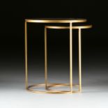 A CONTEMPORARY TWO PIECE SET OF MIRROR TOPPED GILT LACQUERED METAL NESTING TABLES, of graduated