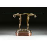A CONTEMPORARY FIGURAL BRONZE AND GLASS CONSOLE TABLE, LATE 20TH CENTURY, the beveled rectangular